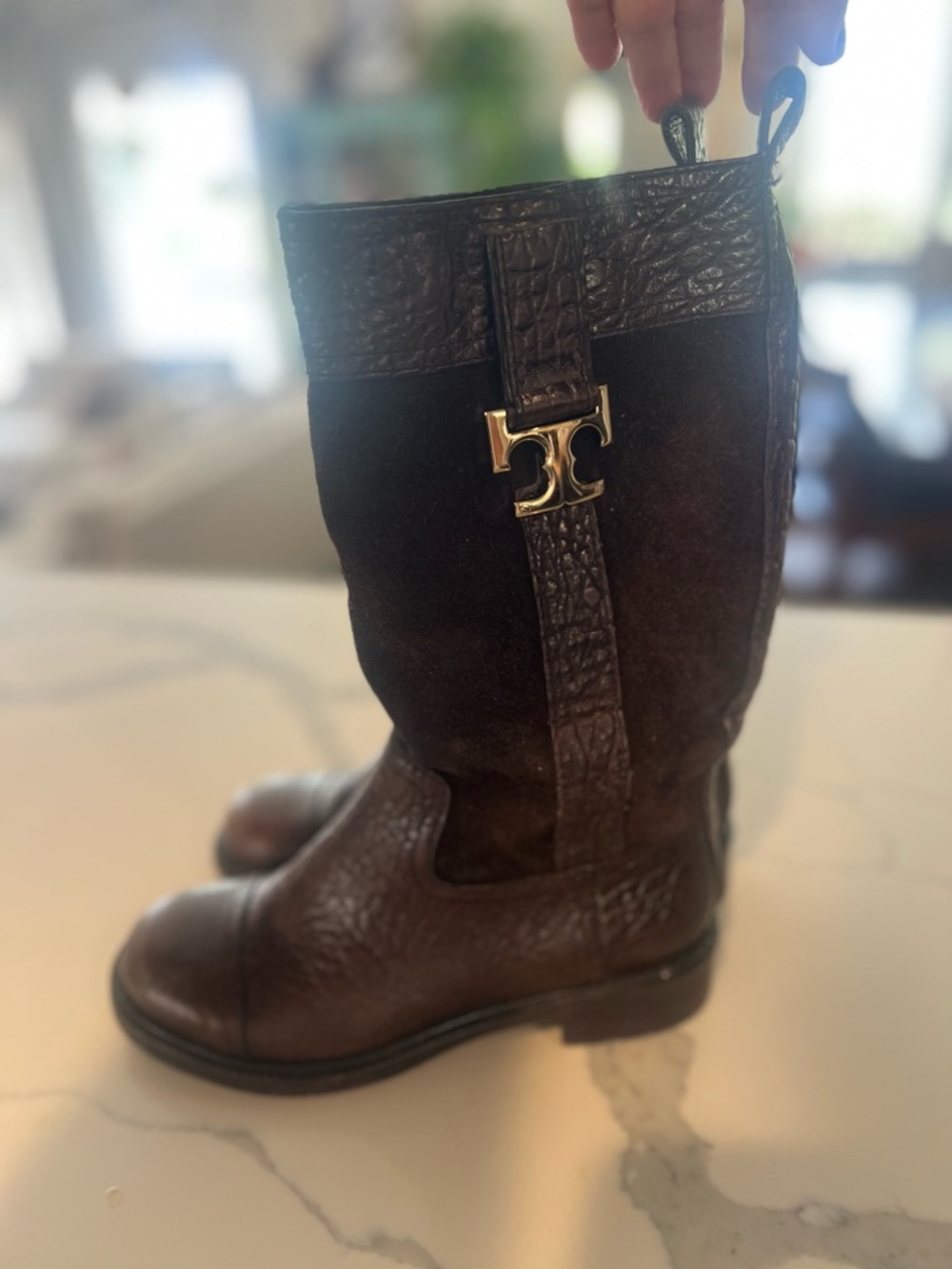 Tory Burch Dark Brown Leather & Suede Pull-On Boot with Gold Logo